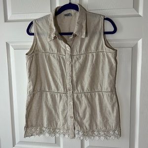 Vintage Magic Sleeveless‎ Tan/Cream Linen Cotton Button Down Lace Detail, Sz L